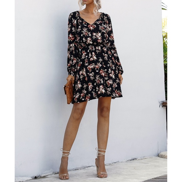 Black Floral Print Long Sleeve Fit & Flare Dress - Picture 6 of 14